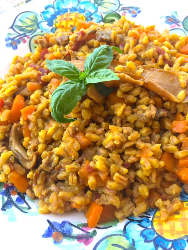 Orzo perlato risottato con funghi porcini, servito in ...