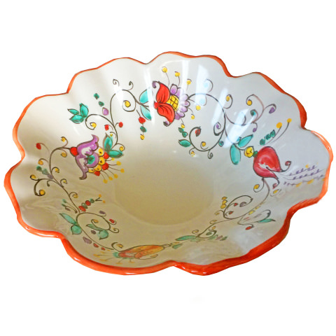 Cestino smerlato in ceramica Vietrese - Fiori rosso